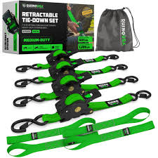 1" x 10' Retractable Ratchet Straps (4-Pack / Green)